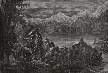 Vaudoisen korsar sjön Leman på natten, illustration från The History of Protestantism av James Aitken Wylie (1808-1890), pub. 1878