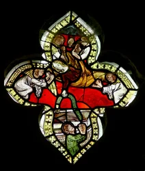 Jungfrun lämnar sin gördel till St Thomas vid hennes antagande. c.1325-50