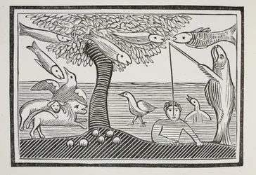 Vattenundret, eller Skapelsens fiskherrar, illustration från Chap-books of the artonde århundrade av John Ashton, pub. 1882