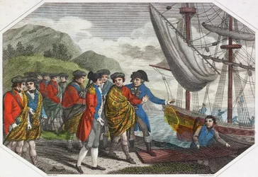 The Young Pretender efter sitt nederlag vid Culloden på väg till Frankrike (färgad gravyr)