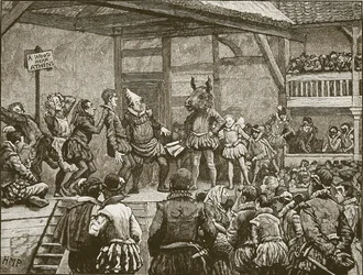 Skådespeleriet i en av Shakespeares pjäser på drottning Elizabeths tid, illustration från Cassells Illustrated History of England (sepiafoto)