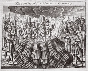 Bränningen av fem martyrer i Canterbury, illustration från "Acts and Monuments" av John Foxe, nionde upplagan, publ. 1684 (litografi)