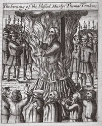 Bränningen av den välsignade martyren Thomas Tomkins, illustration från "Acts and Monuments" av John Foxe, nionde upplagan, publ. 1684 (litografi)