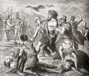 Tillfångatagandet av Teutobochus, en legendarisk jätte och teutonernas kung, ur Ward and Locks Illustrerade världshistoria, utgiven ca 1882