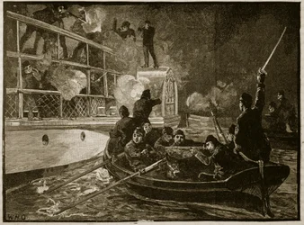 Capture of the Caroline, 1837, illustration från Cassells Illustrated History of England (sepiafoto)