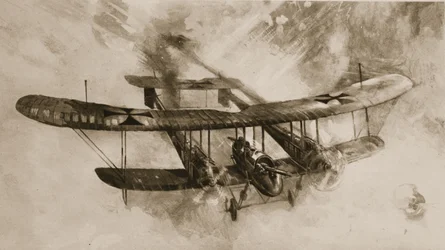 Det stora stridsflygplanets ankomst: det dubbelstora tyska biplanet som brittiska flygare har anlitat, från The Illustrated War News