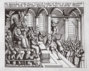 Beskrivningen av påvens råd som hölls i Rom, där en monstruös uggla uppträdde, till påvens och hela hans prästerskap fullständigt förnedrade, illustration från Acts and Monuments av John Foxe, nionde uppl.