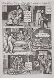 Beskrivningen av förgiftningen av kung John av en munk från Swinstead Abbey i Lincolnshire, illustration från Acts and Monuments av John Foxe, nionde upplagan, pub. 1684