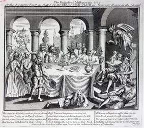 Den djävulska maskeraden, eller drakfesten som agerad av Hell-Fire-Club, i Somerset House i Strand, ca 1721
