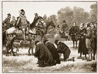 De oliktänkande gudomarna presenterar sin begäran till James, illustration från Cassells Illustrated History of England (sepiafoto)