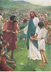 Maten till de femtusen, från The Bible Picture Book utgiven av Thomas Nelson, ca 1950 (färglitografi)