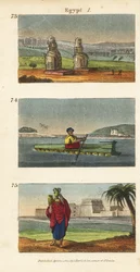 De stora ruinerna av Memnon-kolosserna i Luxor i södra Egypten 73, en flotta av lergodskrukor på Nilen 74 och kvinnor som bär vattenkannor på huvudet 74