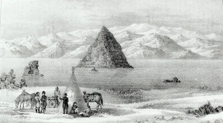 Haubitsen vid Pyramid Lake i januari 1844, från Report of the Exploring Expedition to the Rocky Mountains 1842 och till Oregon och North Carolina 1843-44 av John C. Fremont, publicerad 1845 (literad