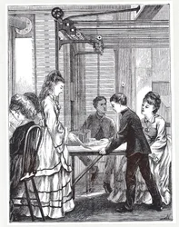 Instrumenten för att bära meddelanden vid Post Office Telegraph Headquarters, Telegraph Street, London, från The Graphic, 1871
