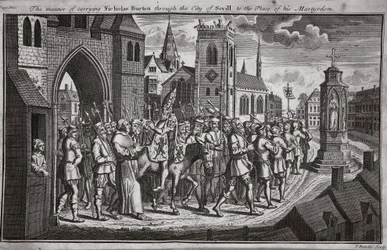 Sättet att bära Nicholas Burton genom staden Sevill till platsen för hans martyrskap, illustration från Foxes Martyrs c.1703