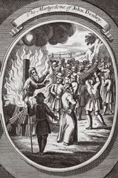 John Denleys martyrskap, illustration från "Foxes Martyrs" c.1703 (litho)