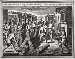 Kemp, Waterer, Prowting, Lowick, Hudson och Haies martyrskap i Canterbury, illustration från "Foxes Martyrs" ca 1703 (litografi)