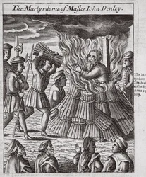 Master John Denleys martyrdöd, illustration från "Acts and Monuments" av John Foxe, nionde upplagan, publ. 1684 (litografi)