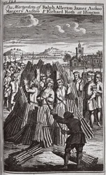 Ralph Allerton James Austoo, Margery Austoo och Richard Roths martyrskap i Islington, illustration från "Foxes Martyrs" ca 1703 (litografi)