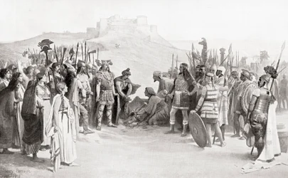 Mötet mellan Hannibal och Ceutrones, en keltisk stam i det antika Gallien, under hans korsning av Alperna 218 f.Kr., från Hutchinson