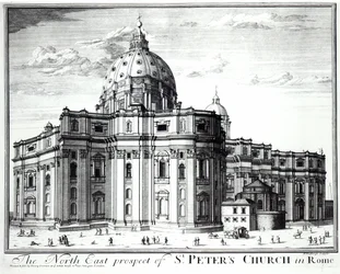 Den nordöstra utsikten av St. Peters Church, Rom, graverad av H. Hulfbergh