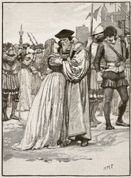 Avskedet mellan Sir Thomas More och hans dotter, illustration från Cassells Illustrated History of England (sepiafoto)
