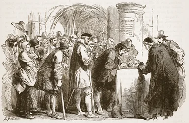Människorna som undertecknar förbundet i St. Giles kyrka, Edinburgh, illustration från Cassells Illustrated History of England (sepiafoto)