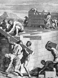 Murarna i städer bland gallerna är byggda av alternativa banor av stenar och bjälkar, graverade av Cornelis Huyberts, illustration till Caesars Commentaries översatt till engelska av William Duncan,