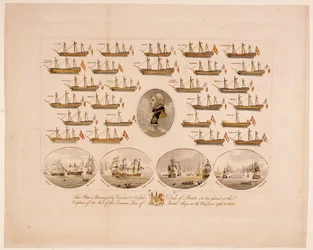 Denna skylt är beskyddad av Viscount Nelson Duke of Bronte som har assisterat vid infångandet av 26 Segel av Enemies Line of Battle Ships i kriget från 1793 till 1805 (färgad gravyr)