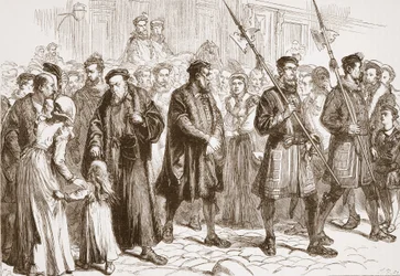 Thomas Bilney på väg till pålen, illustration från "The History of Protestantism" av James Aitken Wylie (1808-1890), pub. 1878 (gravyr)