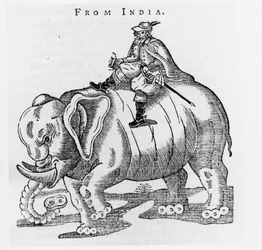 Thomas Coryate (c.1577-1617) på en elefant, från Letters from India in Coryats Crudities, Volym 3, publicerad 1776
