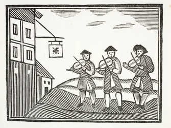 Three Fidlers in Thames Street, som spelade upp en brudgum på morgonen, som inte gav dem något att dricka, illustration från Chap-books of the Eighteenth Century av John Ashton, pub. 1882
