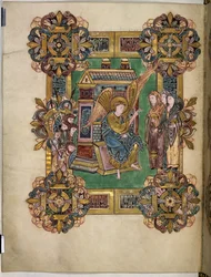 Three Maries at the Sepulchre, från The Benedictional of St Æthelwold, c.963-984 (bläck & guld på pergament)