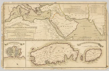 Tre tryckta färgade kartor: Fairburns New Chart som visar General Bonapartes rutt i Medelhavet, 1798