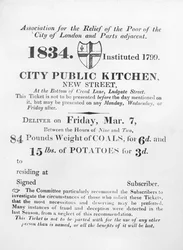 Biljett utfärdad till de fattiga för att ta emot kol och potatis från City Public Kitchen, New Street, London, 1834