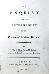 Titelsida för En undersökning om äktheten av dikterna som tillskrivits Ossian av William Shaw, publicerad 1781 (tryckt papper)