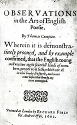 Titelsida för Observations in the Art of English Poesie av Thomas Campion, publicerad 1602 (tryckt papper)