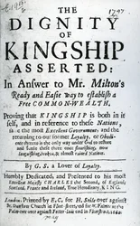 Titelsida för The Dignity of Kingship Asserted by G.S. a Lover of Loyalty, publicerad 1660 (tryckt papper)