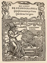 Titelsida för Two Books of Cosmography av Hieronymo Girana Tarragones, från The Narrative and Critical History of America, redigerad av Justin Winsor, London, 1886 (träblocktryck)