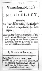 Titelsida till The Unreasonableness of Infidelity av Richard Baxter, publicerad 1655