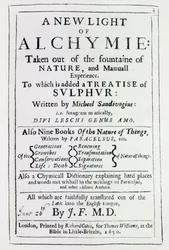 Titelsida till den engelska upplagan av A New Light on Alchemy av Michal Sedziwoj, 1650 (tryck)