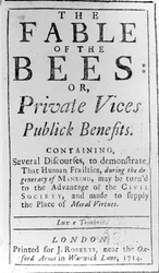Titelsida till The Fable of the Bees av Bernard de Mandeville, 1714