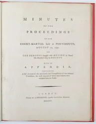Titelsida till protokollet över förhandlingarna vid krigsrätten som hölls i Portsmouth den 12 augusti 1792, publicerad i London 1794 (tryckt)