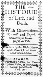 Titelsida till Francis Bacons The History of Life and Death, publicerad 1638 (tryckt)