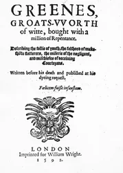Titelsida till Greenes Groats-Worth of Wit, tillskriven Robert Greene, publicerad 1592 (tryckt papper)