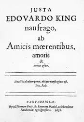 Titelsida till Justa Edward King den skeppsbrutna skeppsbrutna vännen från kärlekens sörjande & ... , publicerad 1638 (tryck)