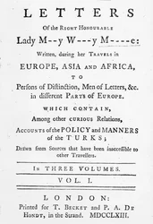 Titelsida till Letters of the Right Honorable Lady Mary Wortley Montagu, skriven under hennes resor i Europa, Asien och Afrika, publicerad 1763 (tryckt papper)