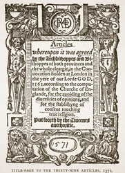Titelsida till de trettio-nio artiklarna, 1571, illustration från The Church of England: A History for the People av H.D.M. Spence-Jones, pub. ca 1910 (sepiafoto)
