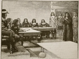 Titus Oates inför Privy Council, illustration från Cassells Illustrated History of England (sepiafoto)