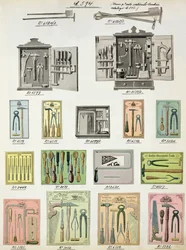Verktyg och verktygslådor från en handelskatalog över inhemska varor och beslag, ca 1890-1910